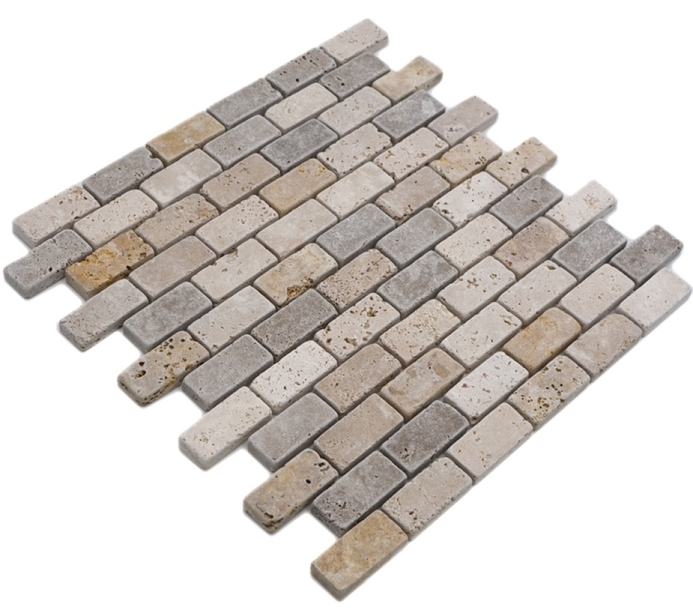 Travertin Mosaik Fliese Natursteinmosaik beige braun Brick Travertin tumbled 43-46474