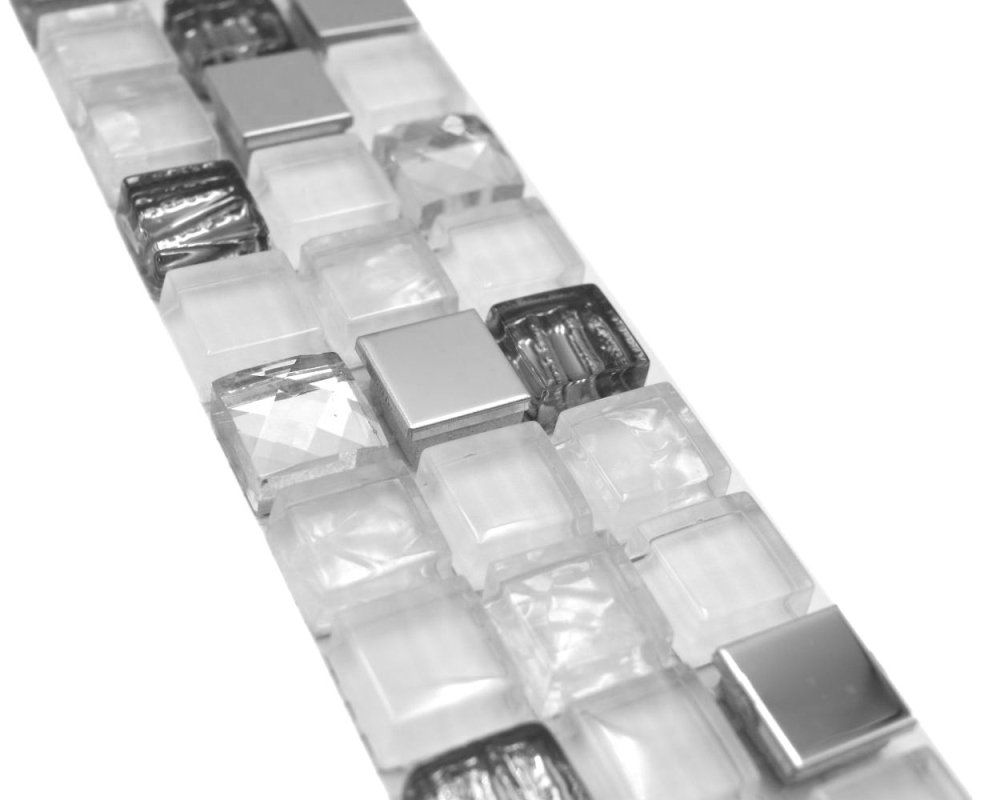 Mosaik Borde Bordüre Glasmosaik Stahl mix weiß und Metalleinlage