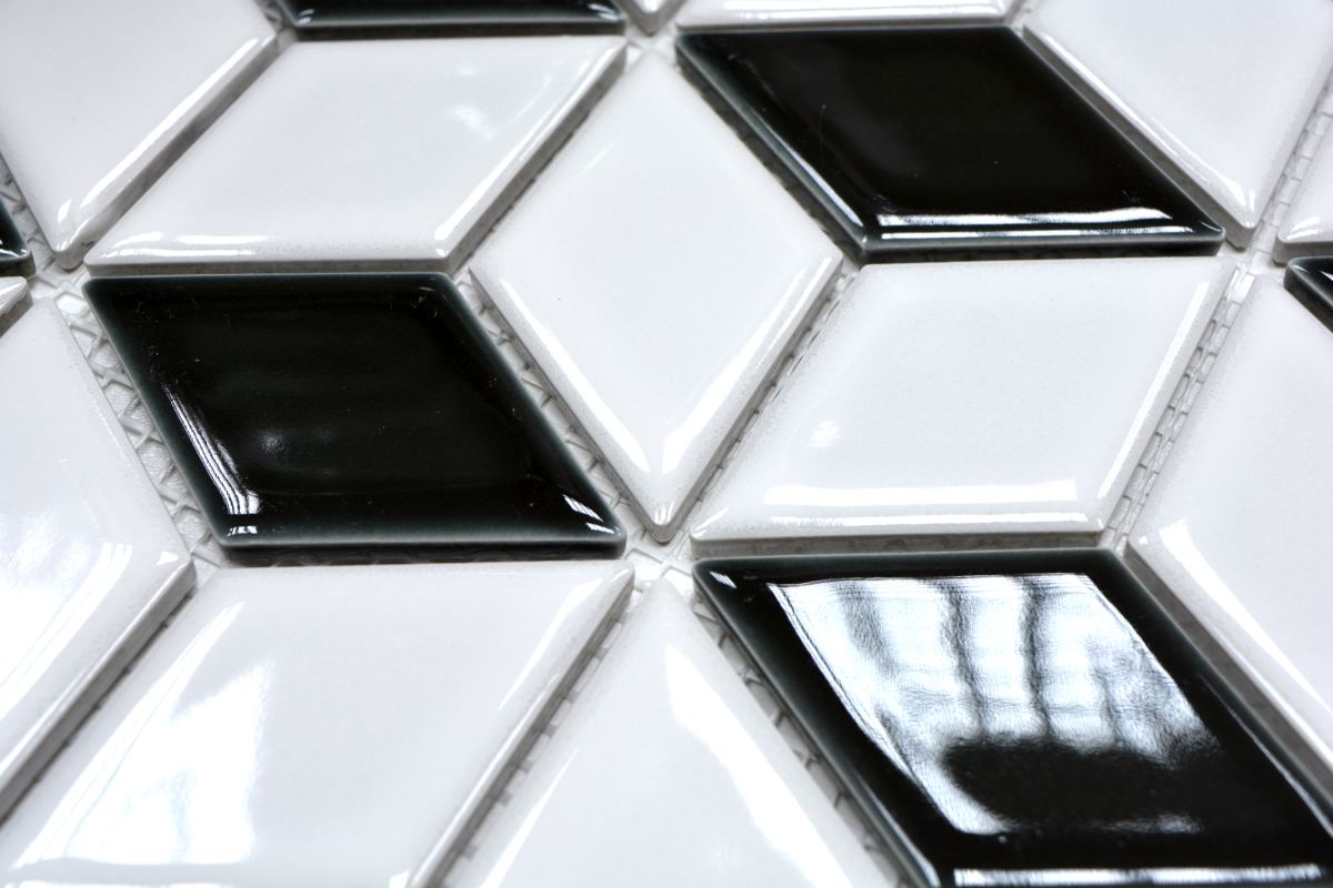 13-OV01_b Mosaik Fliese 3D Würfel weiß/schwarz glänzend Wand Boden Duschwand