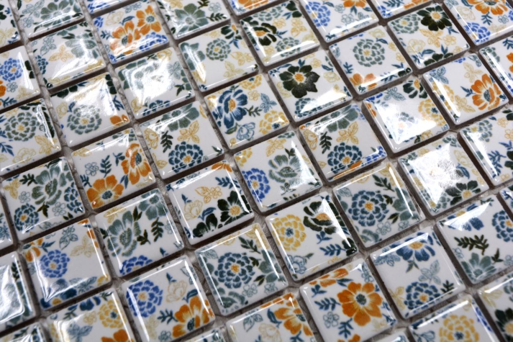 Keramik Mosaik Retro Vintage Keramikmosaik weiß blau Blume 18C-1401