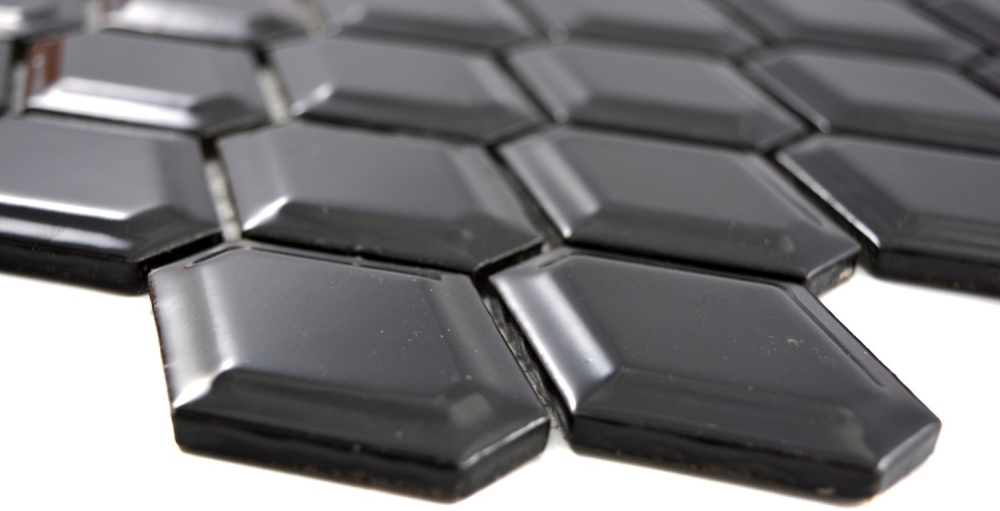 Retro Mosaik Fliese Keramik Diamant schwarz glänzend 13MD-0301