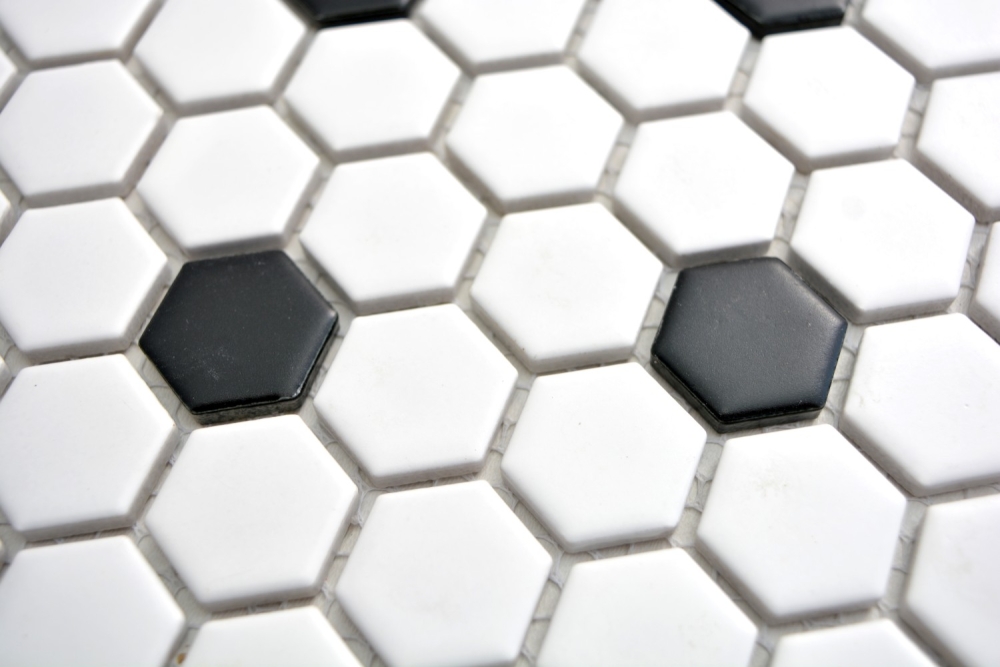 Mosaik Fliese Keramikmosaik Hexagon schwarz weiß matt 11A-0301