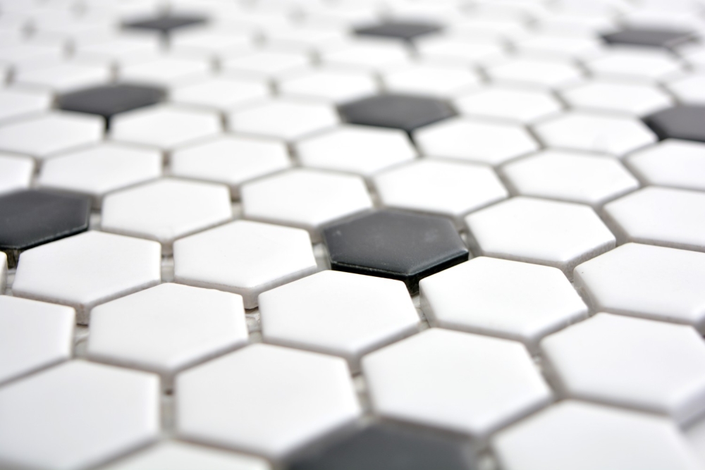 Mosaik Fliese Keramikmosaik Hexagon schwarz weiß matt 11A-0301