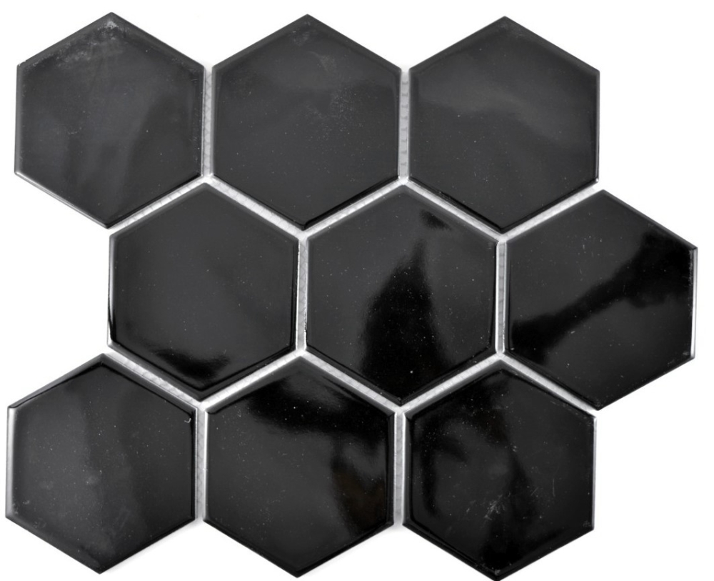 Mosaik Fliese Keramikmosaik Hexagon schwarz glänzend 11F-0301