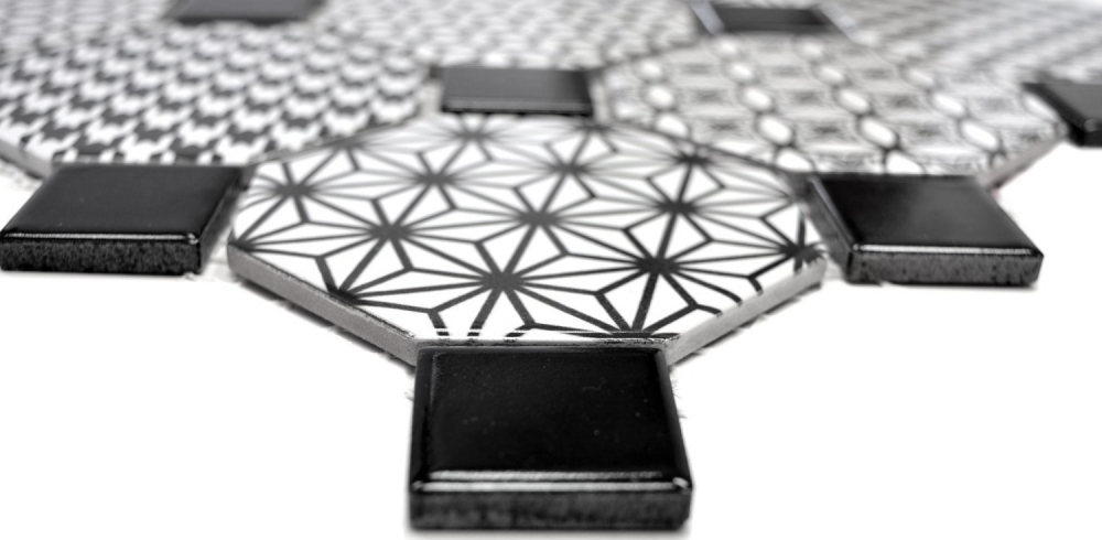 Mosaik Fliese Keramikmosaik Octagon MISTO weiß glänzend schwarz Octa-0301
