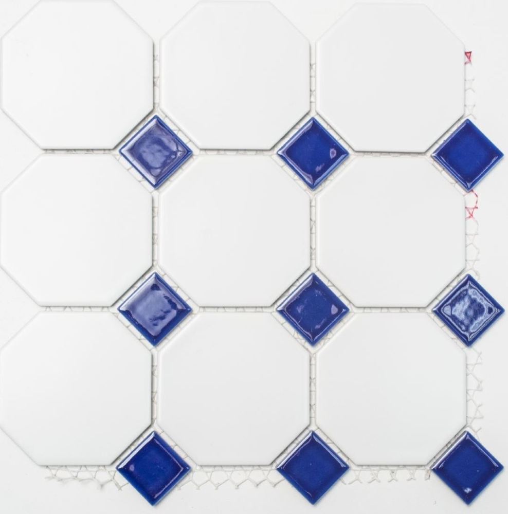 Mosaik Fliese Keramikmosaik Octagonal weiß matt kobaltblau glänzend Octa-180