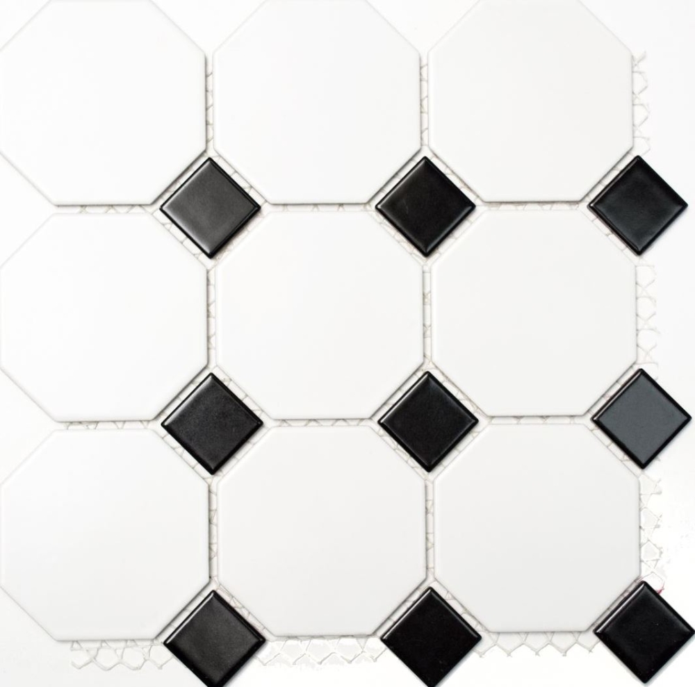 Mosaik Fliese Keramikmosaik Octagonal weiß matt schwarz glänzend Octa-190