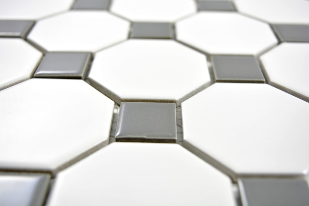 Mosaik Fliese Keramikmosaik metallgrau Octagon weiß matt metall glänzend 13-0122