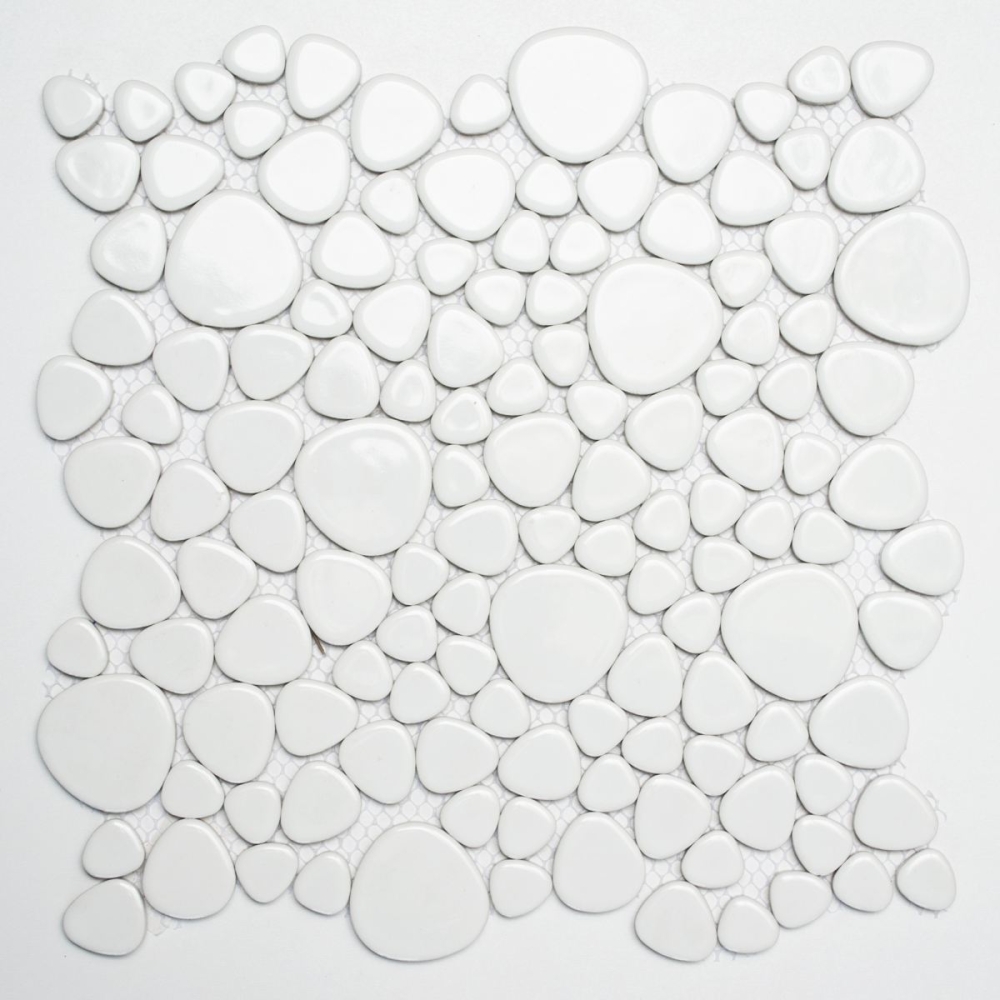 Kieselmosaik Drops weiß glänzend Keramiksteine Mosaiksteine Duschboden Duschwand 12-0102