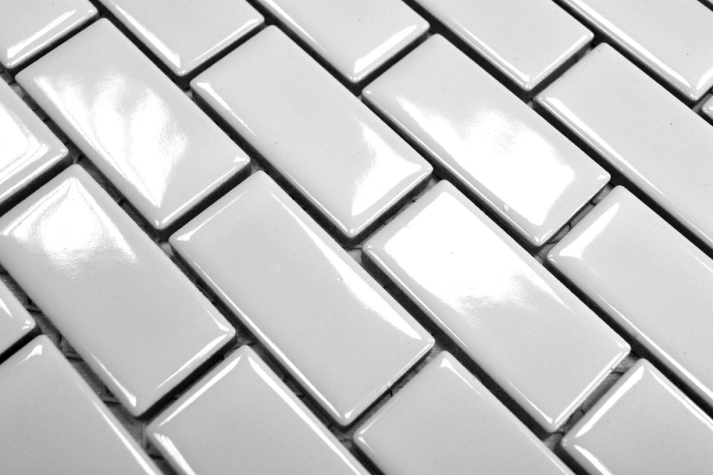 Halbverband Mosaik Fliese weiß glänzend Brick Keramik Fliesenspiegel Küche 24-3WG