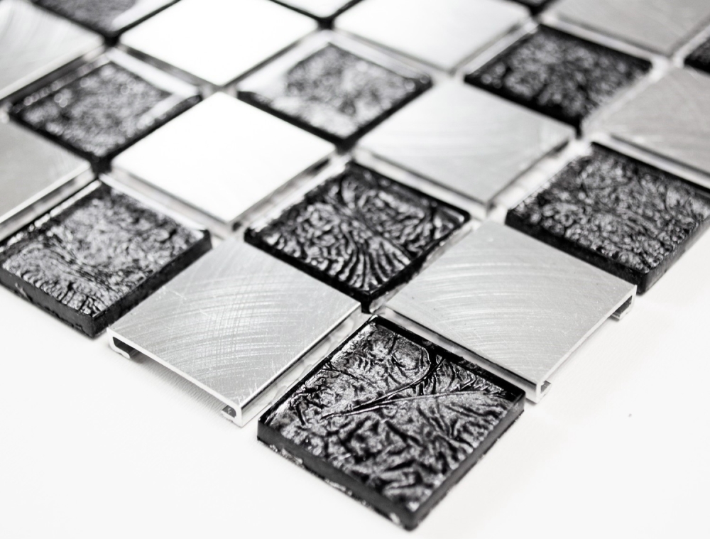 Mosaik Fliese Aluminiummosaik Glasmosaik Schachbrett Schwarz Silber Struktur Wandfliese - 49-0302