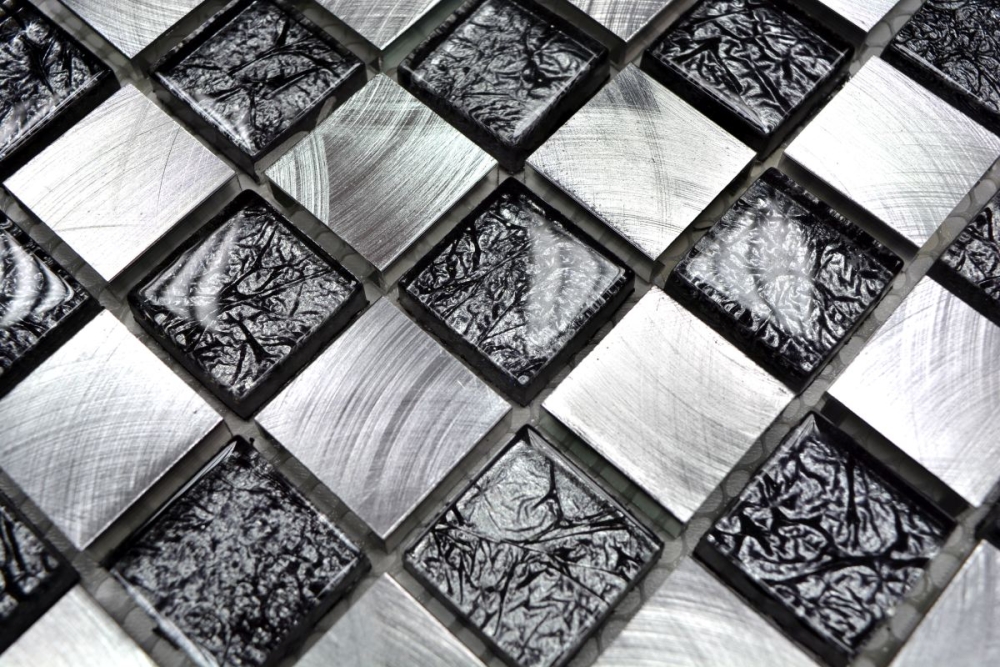 Mosaique damier mix aluminium translucide mix noir argent mat - 10 feuilles de mosaique