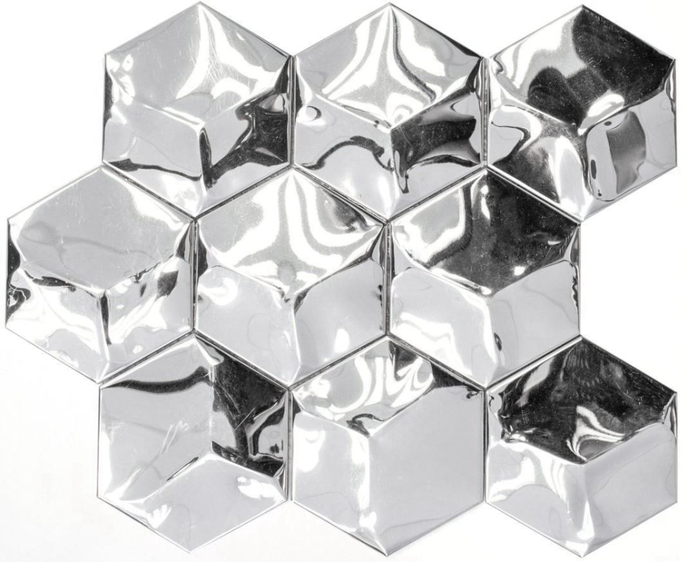 Mosaik Fliese Edelstahl Silber Hexagon 3D Glänzend Wandfliese Küchenrückwand - 129-HXM10SG