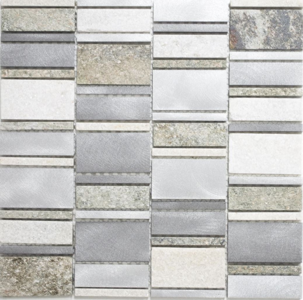 Mosaik Mix Quarzit Aluminium mix silber grau hellbeige matt - 10 Mosaikblaetter
