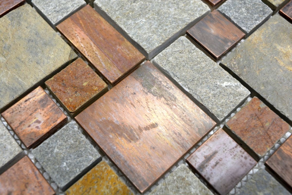 Mosaique Cuivre Marron Rouille gris Pierre Quartz Combinaison Carreau mural - 47-595