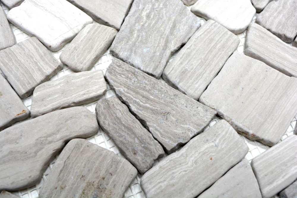 Bruchmosaik Polygonal Marmor Natursteinmosaik Grau cream Streifen 44-0202