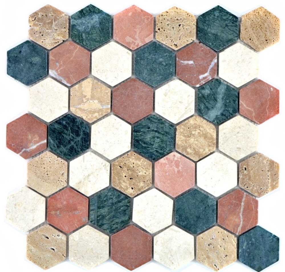 Hexagonale Mosaik Naturstein Fliese Marmor creme beige rot 42-1213