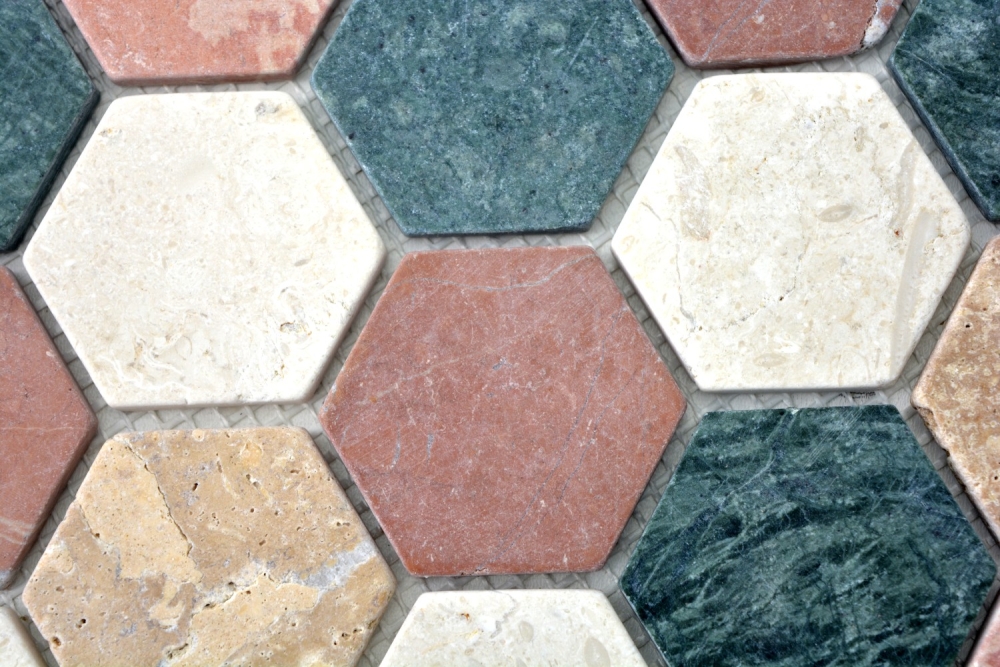 Hexagonale Mosaik Naturstein Fliese Marmor creme beige rot 42-1213