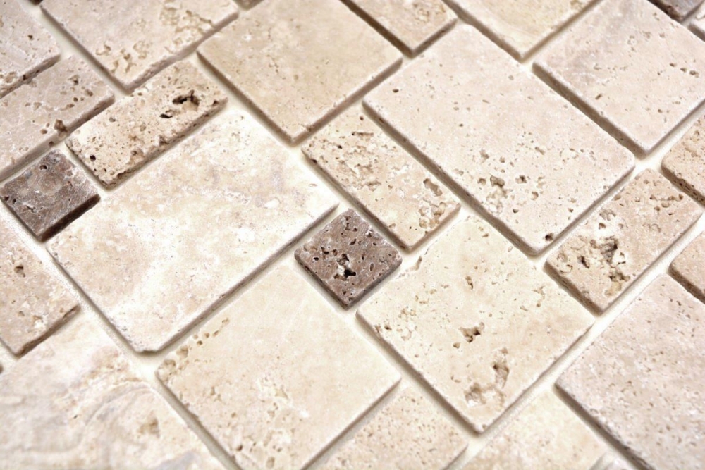 Travertin Mosaik Fliese Natursteinmosaik Kombination beige braun 43-1212-15