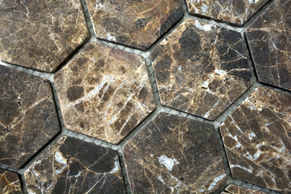 Hexagonale Mosaik Naturstein Fliese Marmor Impala braun geflammt 42-1313