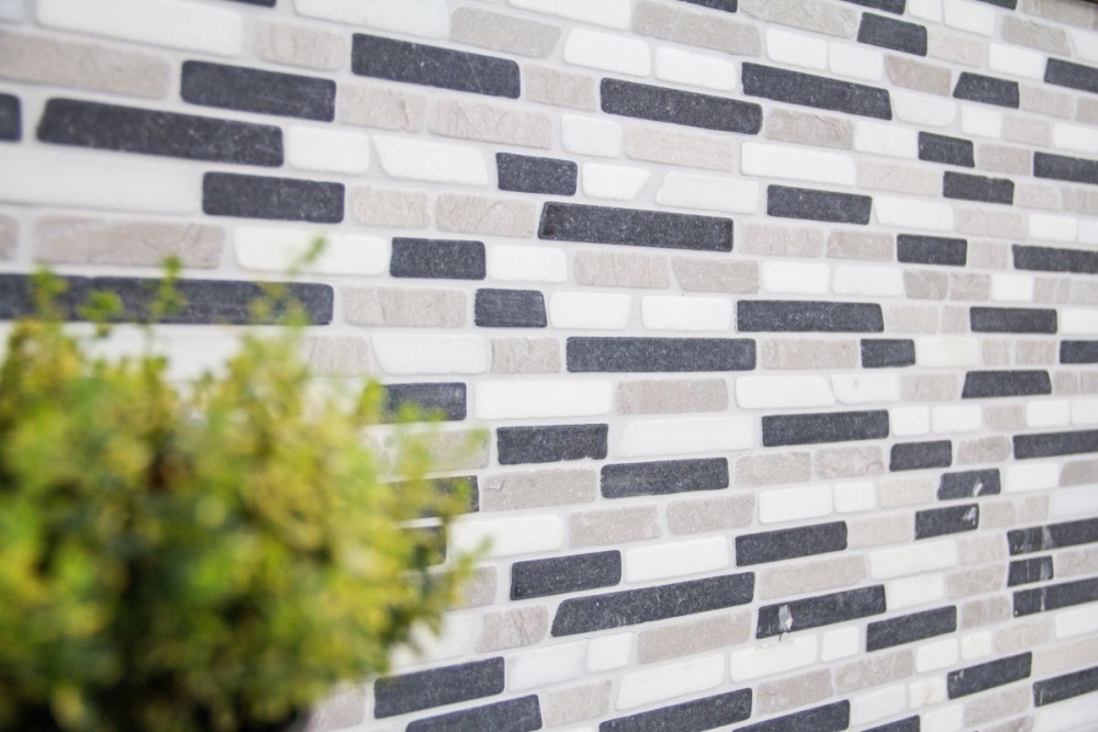 Mosaico Ladrillo mezcla Botticino Gris Nero marmol ladrillo bond look beige gris negro mate