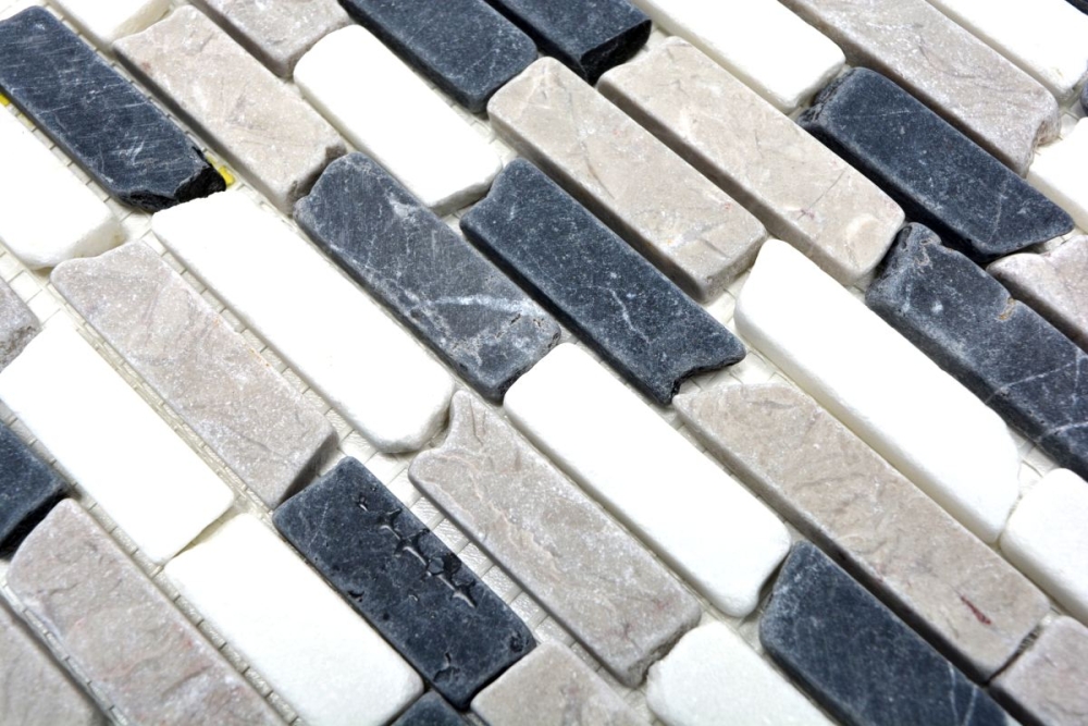 Mosaico Ladrillo mezcla Botticino Gris Nero marmol ladrillo bond look beige gris negro mate