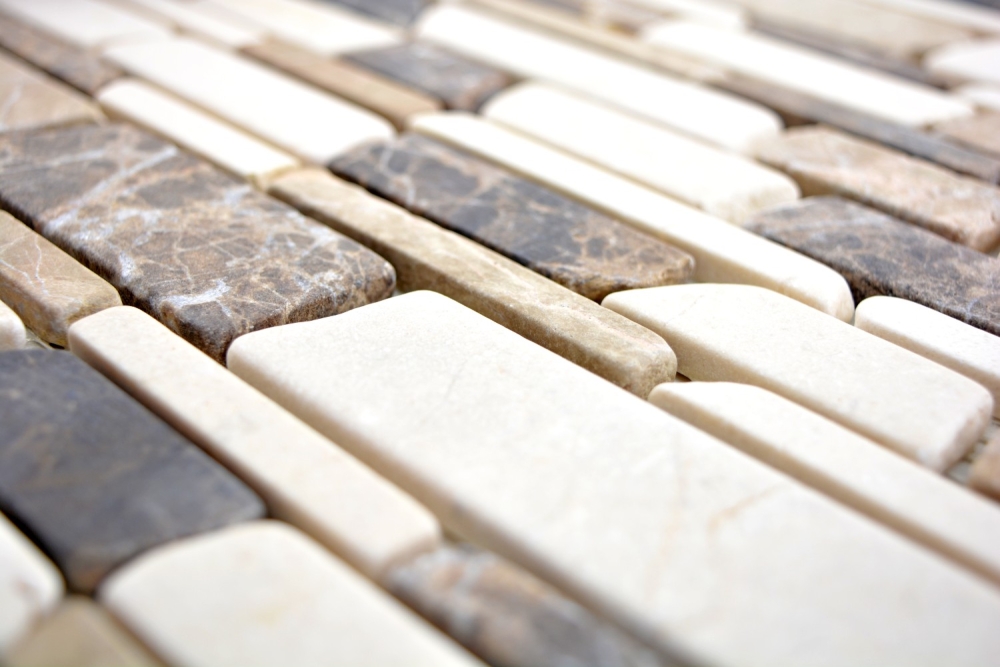 Mosaik Fliese Marmor Natursteinmosaik beige braun Brickmosaik Castanao Biancone 40-12-295