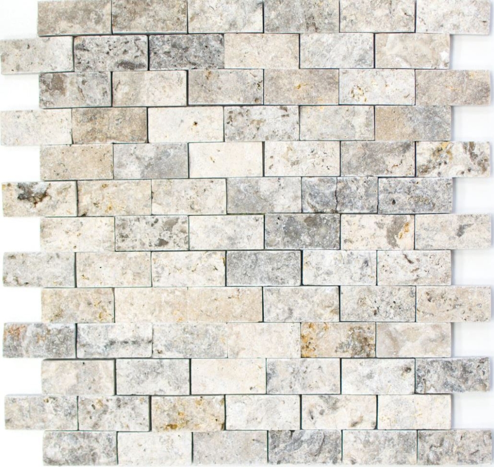 Splitface 3D Mosaik Fliese Travertin Natursteinwand grau silber cream Travertin 43-47248