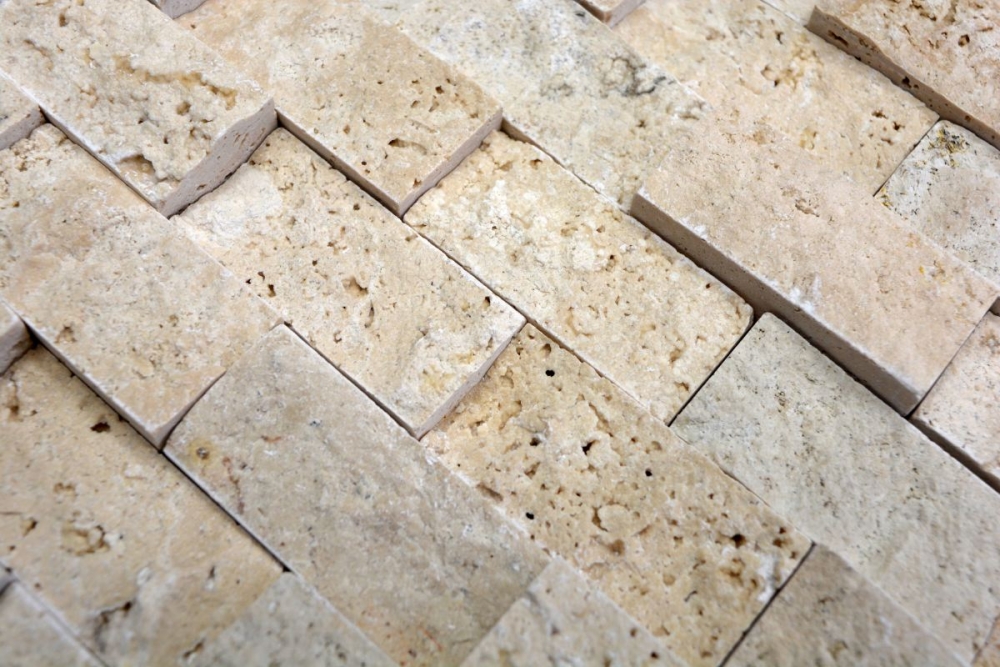 Splitface Mosaik Fliese Travertin 3D Natursteinwand beige Brick Chiaro 43-46248