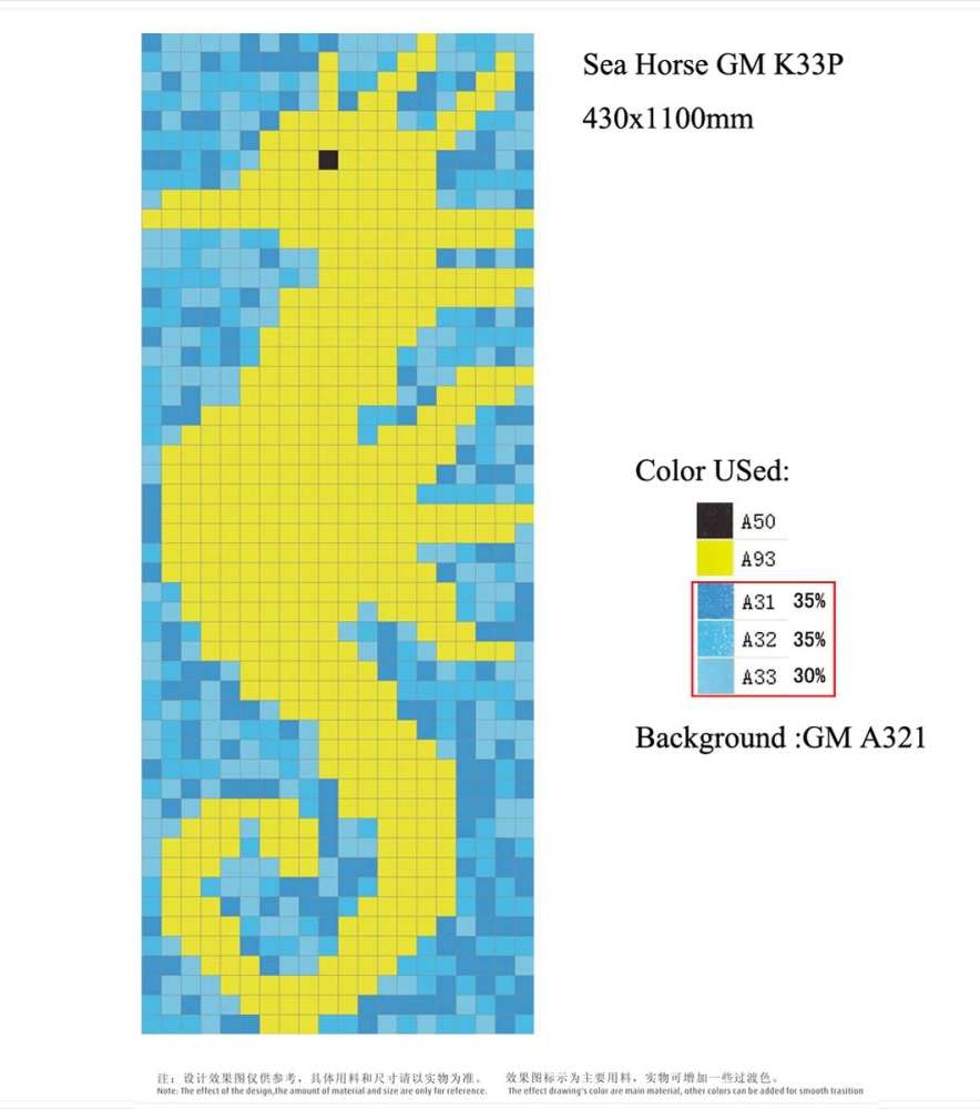 Seepferdchen Mosaik Bild Glasmosaik gelb Bild papierverklebt 1.100x430mm MB-K33P