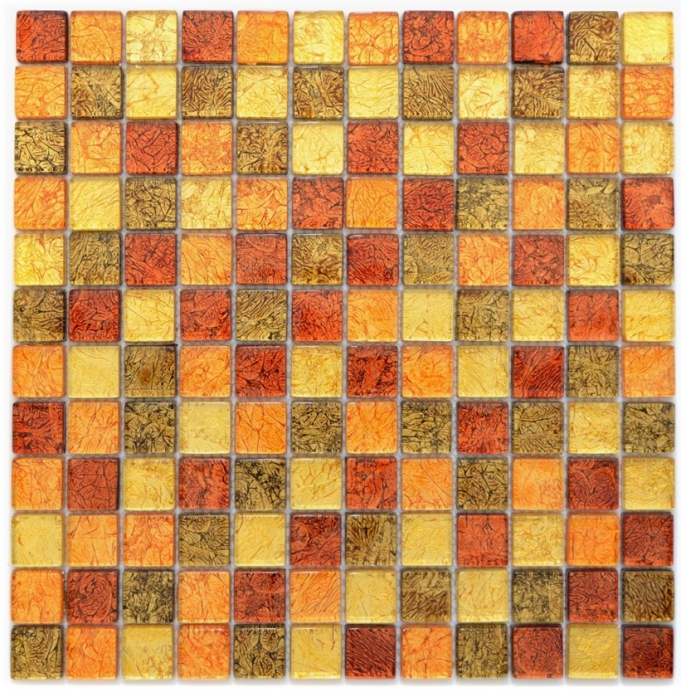 Mosaik Fliese Glasmosaik Gold Rot Orange Struktur Wandverkleidung Küche Bad - 120-07814