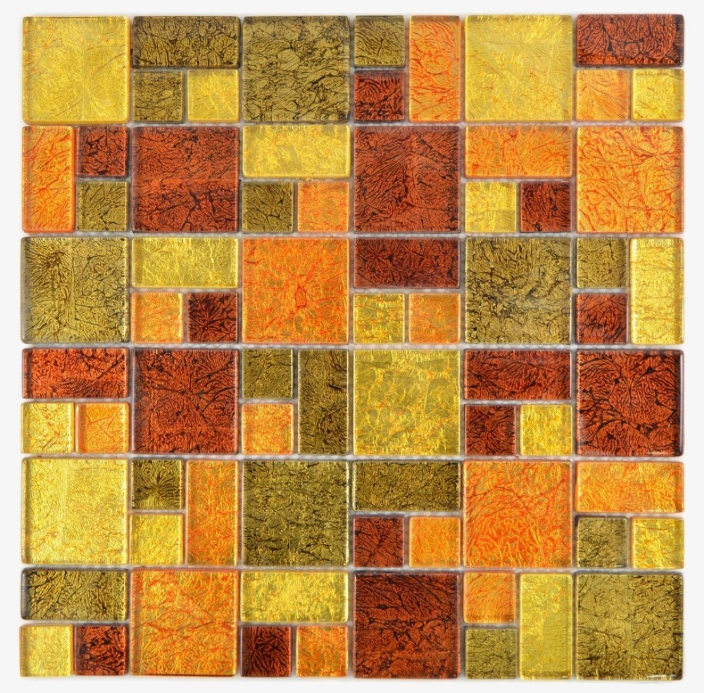 Mosaik Fliese Glasmosaik Gold Rot Orange Struktur Kombination Wandfliese Küchenfliese - 88-07814