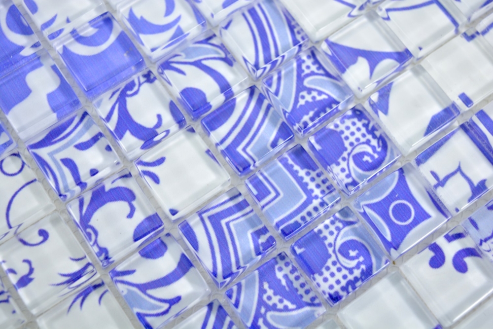 Glasmosaik Mosaikfliese Retro Ornament Weiß Babyblau Royalblau Fliesenspiegel - 88-Retro-33