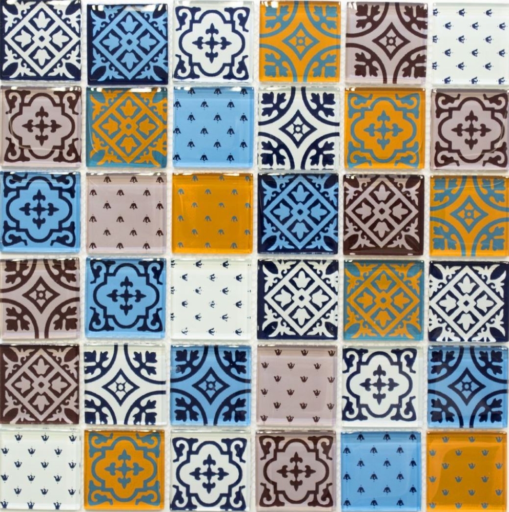 Glasmosaik Mosaikfliese Retro Ornament Weiß Blau Orange Schwarz Marokkanische Optik - 78B-0123
