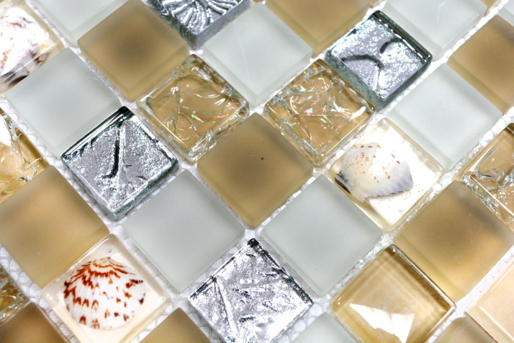 Mosaique de coquillages Mosaique de verre blanc beige argent Carrelage 82B-0112