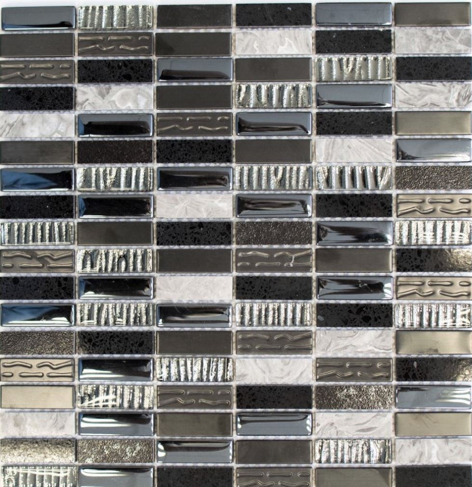 Riemchen Rechteck Mosaikfliesen Glasmosaik Komposit Edelstahl silber grau schwarz Fliesenspiegel Bad Küche - 87-SM58