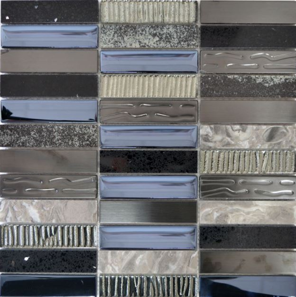Mosaik Rechteck Glasmosaik Artificial Stein Stahl EP mix schwarz Mix Transluzent Komposit Edelstahl Kreuzverbandoptik silber grau matt