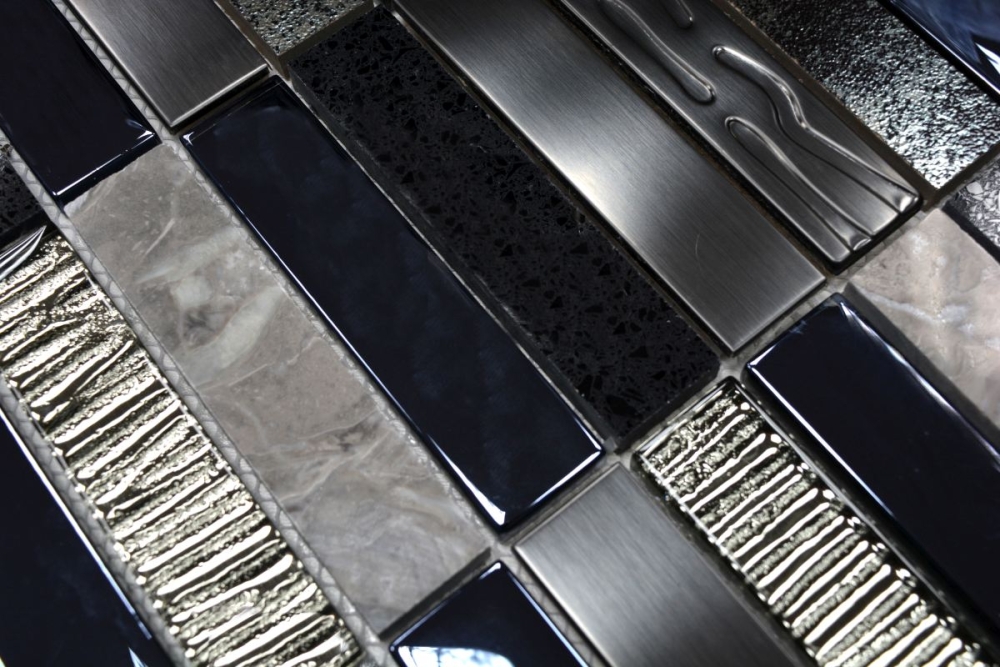Mosaik Rechteck Glasmosaik Artificial Stein Stahl EP mix schwarz Mix Transluzent Komposit Edelstahl Kreuzverbandoptik silber grau matt