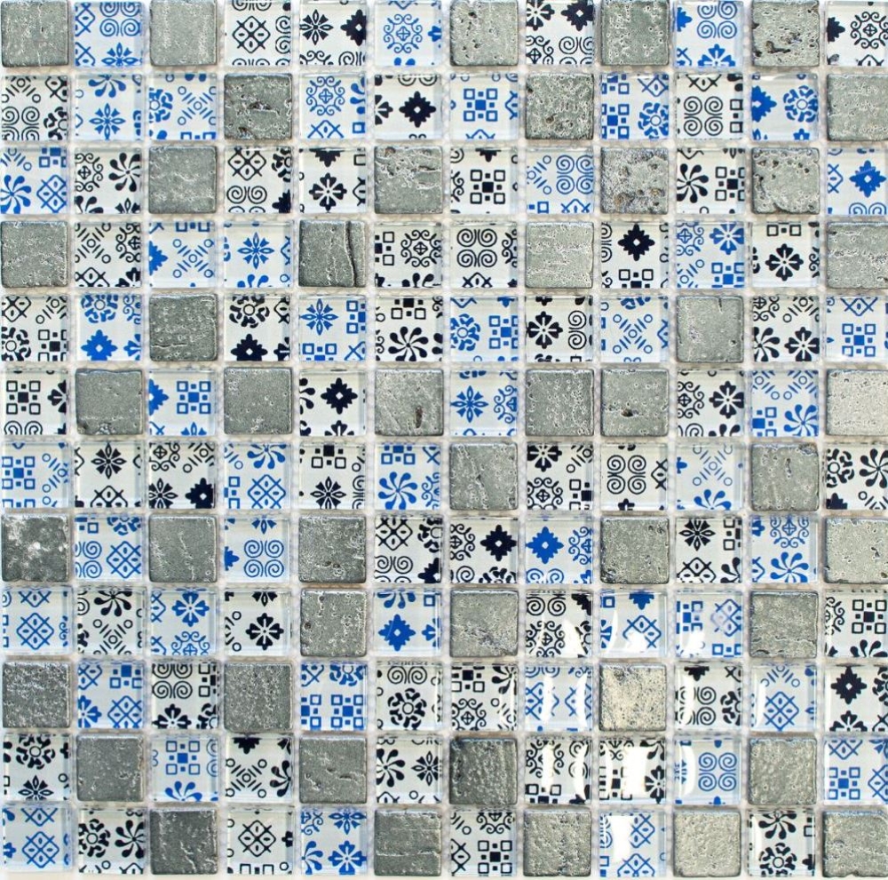 Kunststein Rustikal Mosaikfliese Glasmosaik Resin blau schwarz silber weiß Fliesenspiegel Wand Küche Bad WC - 83-CB07