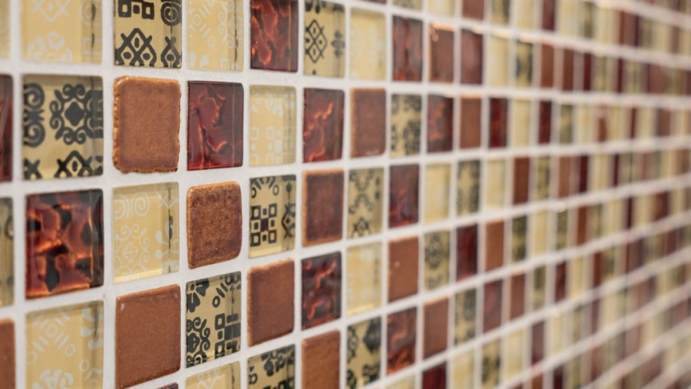 Kunststein Rustikal Mosaikfliese Glasmosaik Resin beige rot braun vanille schwarz Fliesenspiegel Wand Küche Bad WC - S83-CMCB25