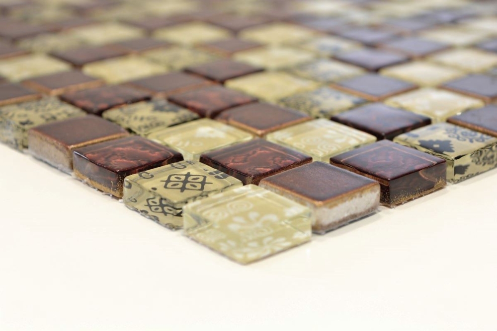 Mosaique Carre Mosaique de verre Resin mix optique beige rouge Mix translucide aspect retro brillant