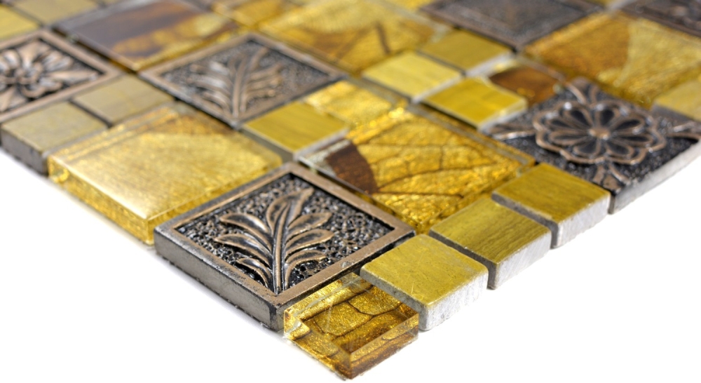 Glasmosaik Kunststein Mosaikfliesen Resin gold grau silber Ornament Fliesenspiegel Wand Bad Küche - 88-0790
