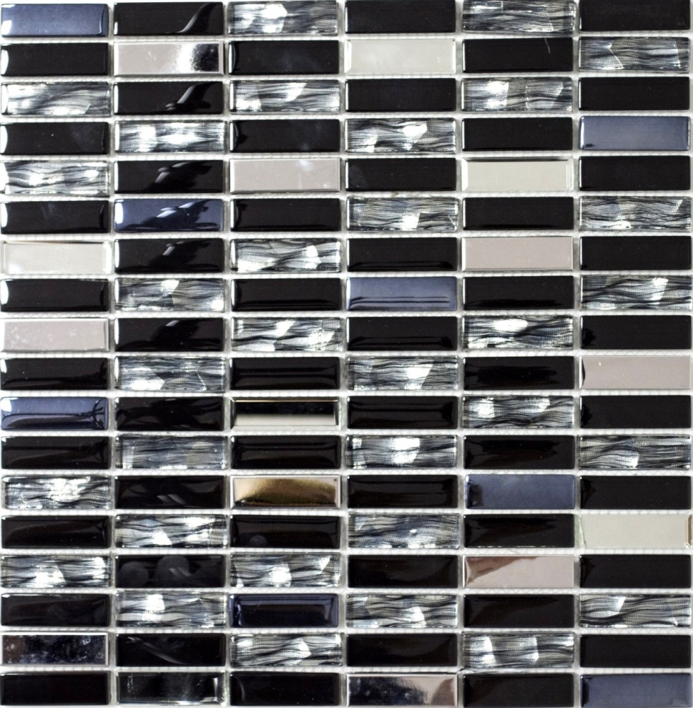 Mosaik Kreuzverbandoptik Mix Transluzent Edelstahl mix schwarz glaenzend - 10 Mosaikblaetter