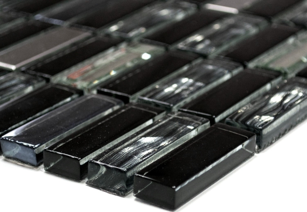 Mosaik Kreuzverbandoptik Mix Transluzent Edelstahl mix schwarz glaenzend - 10 Mosaikblaetter