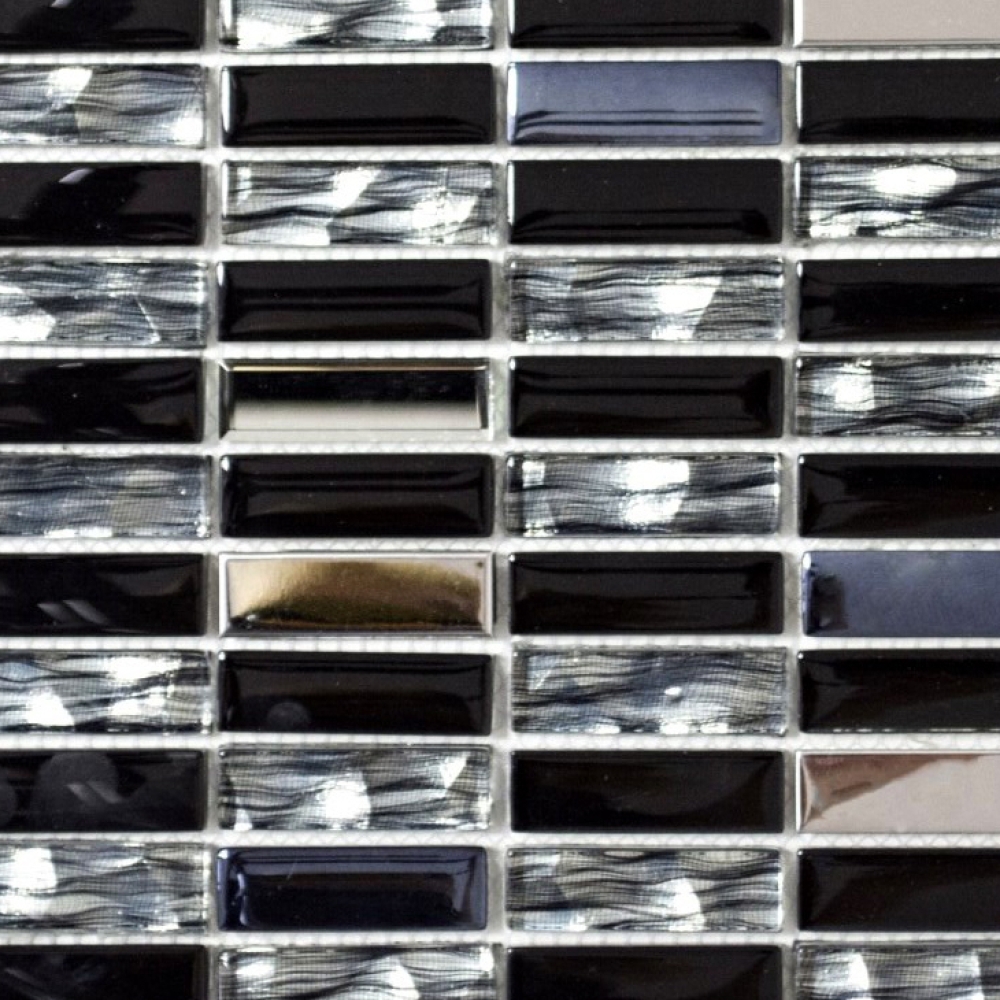 Mosaik Kreuzverbandoptik Mix Transluzent Edelstahl mix schwarz glaenzend - 10 Mosaikblaetter