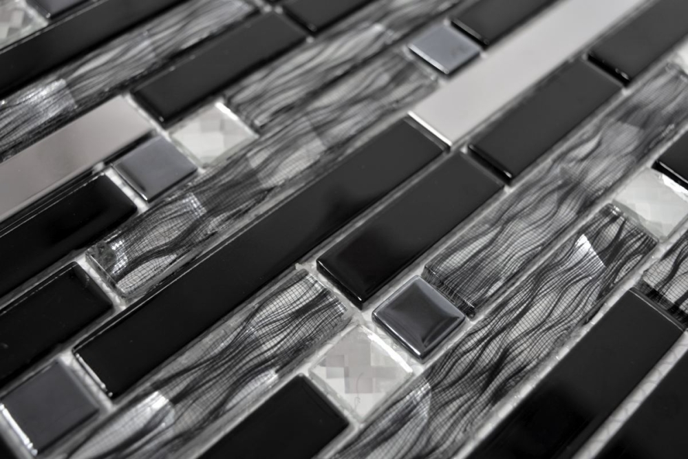 Mosaik Verbund Glasmosaik Stahl mix schwarz Glas Mix Transluzent Edelstahl Verbundoptik glänzend