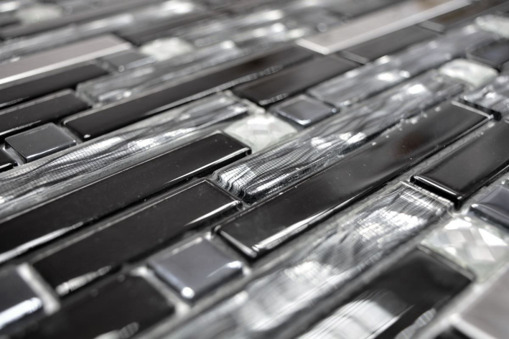 Mosaik Verbund Glasmosaik Stahl mix schwarz Glas Mix Transluzent Edelstahl Verbundoptik glänzend