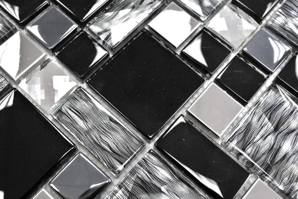 Glasmosaik Edelstahl Mosaikfliesen schwarz silber klar grau Fliesenspiegel Küchenrückwand Bad WC - 88-03689