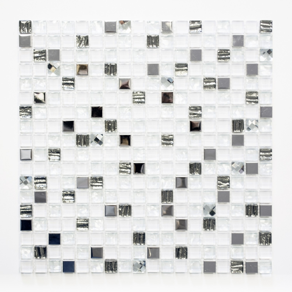 Mosaico cuadrado mosaico de vidrio mezcla de acero blanco mezcla de vidrio translucido acero inoxidable brillante