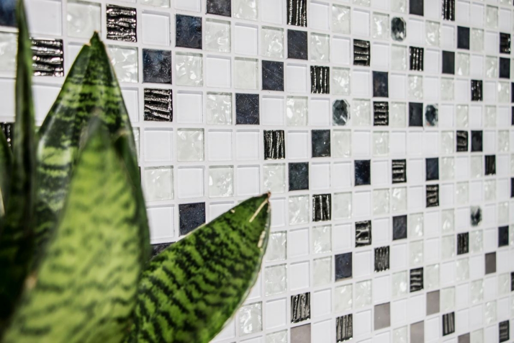 Mosaico cuadrado mosaico de vidrio mezcla de acero blanco mezcla de vidrio translucido acero inoxidable brillante